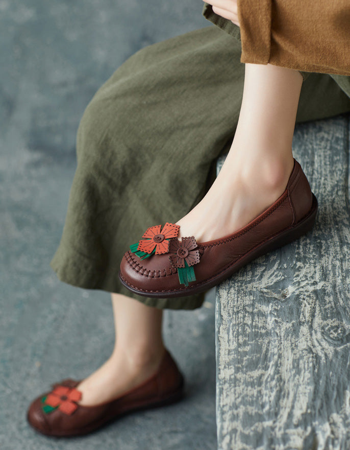 Leather Flower Retro Flats