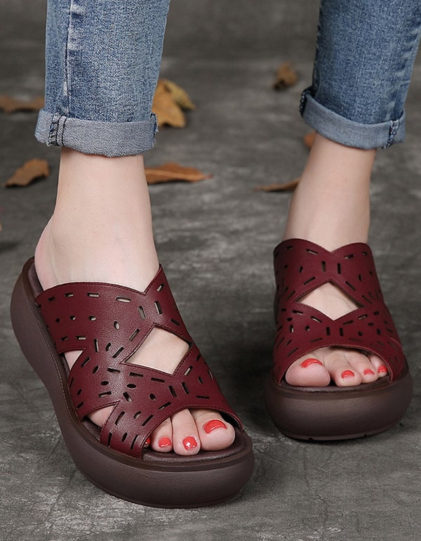 Leather Retro Wedge Slippers