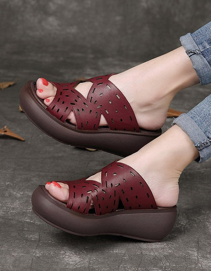 Leather Retro Wedge Slippers