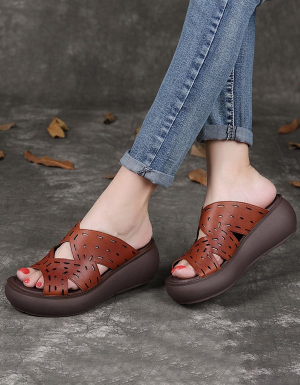 Leather Retro Wedge Slippers