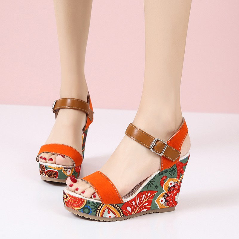 Floral Embroidered High Wedge Sandals