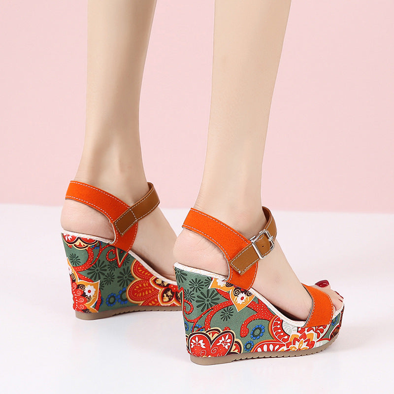 Floral Embroidered High Wedge Sandals