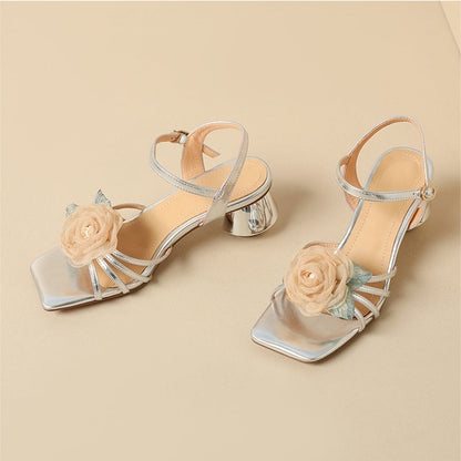 Summer Mesh flowers square toe buckle strap mid heel shoes