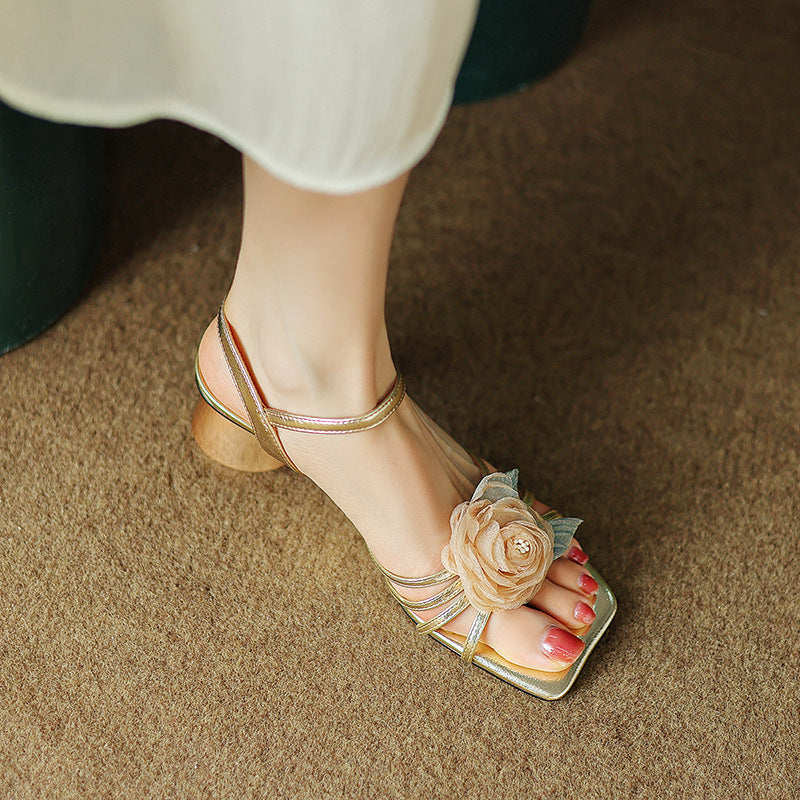 Summer Mesh flowers square toe buckle strap mid heel shoes