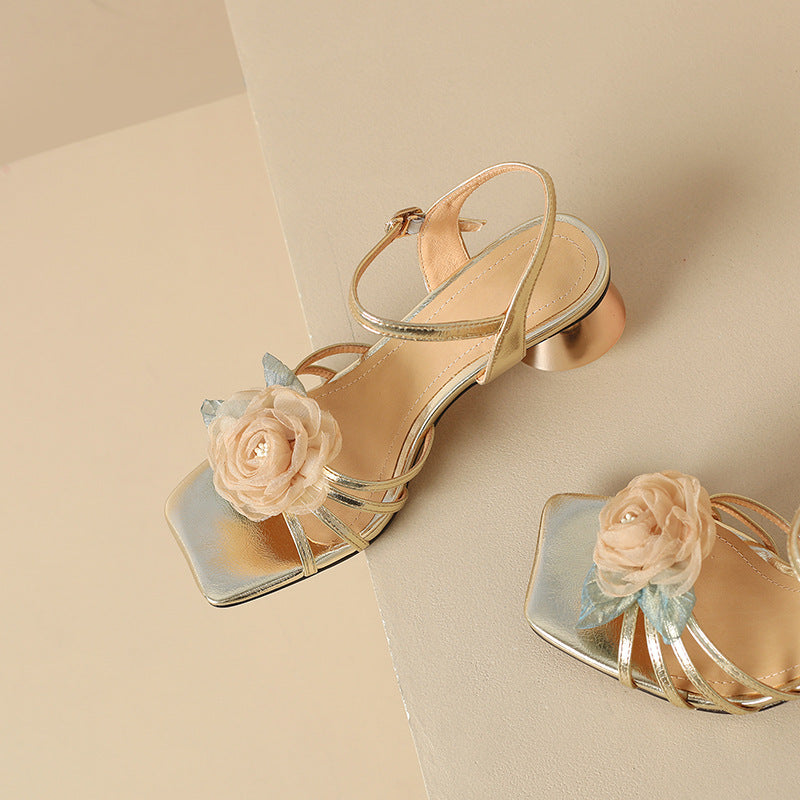 Summer Mesh flowers square toe buckle strap mid heel shoes