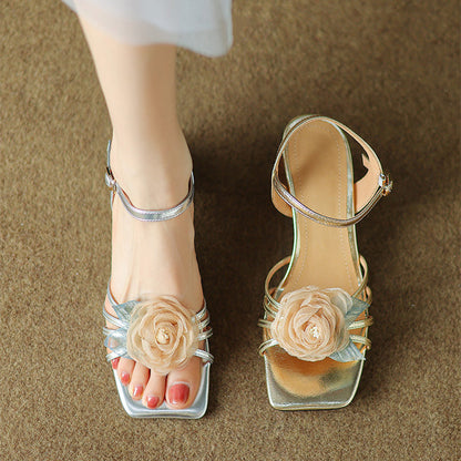 Summer Mesh flowers square toe buckle strap mid heel shoes