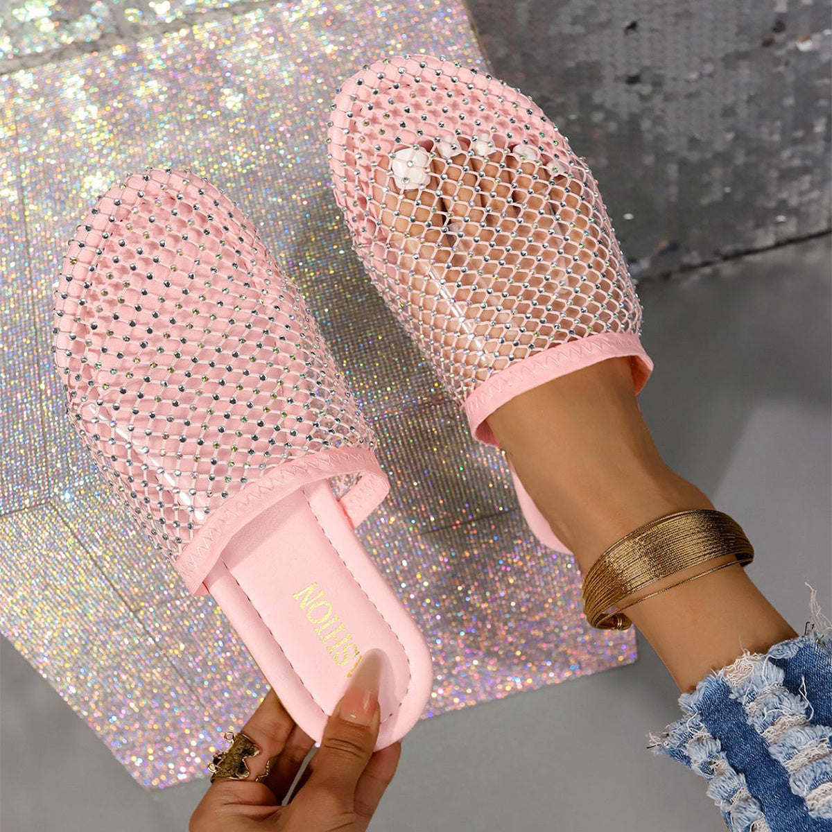 Hollow Sandals With Rhinestones