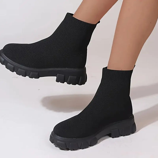 Ankle Boots Women Mid Calf Knit Chunky Shoes