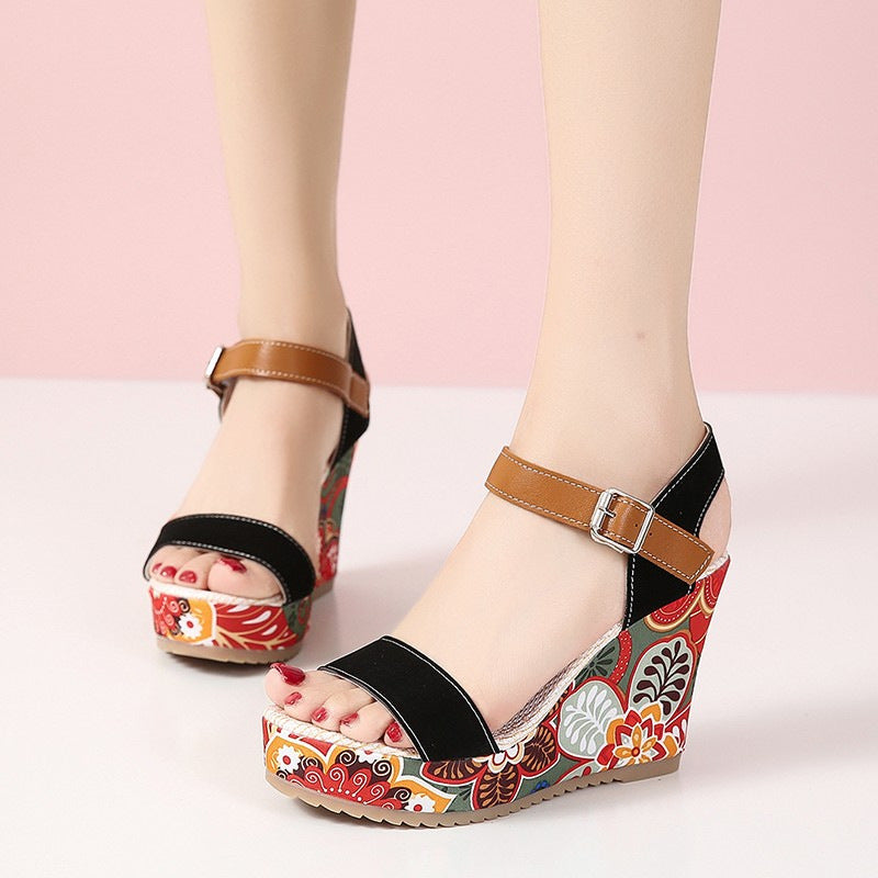 Floral Embroidered High Wedge Sandals