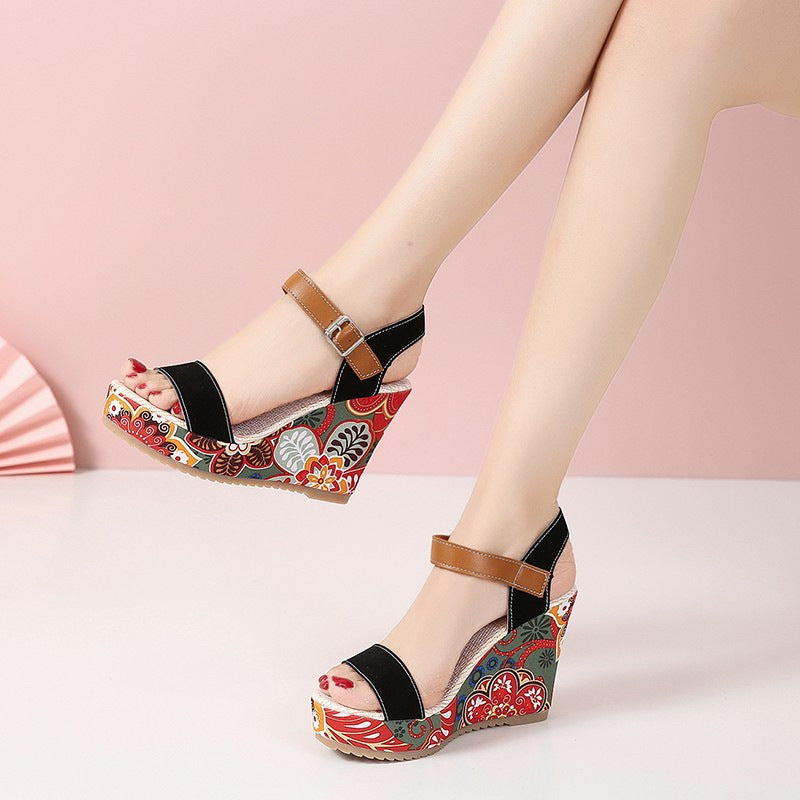 Floral Embroidered High Wedge Sandals