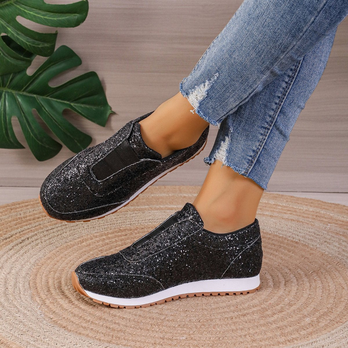 Sparkling Glitter Elastic Slip-On Fashion Sneakers