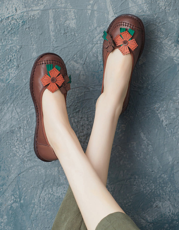 Leather Flower Retro Flats