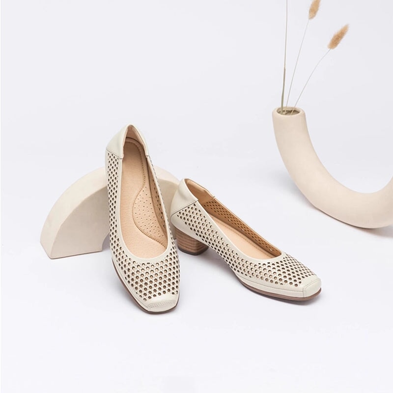 Breathable hollow leather women's heels