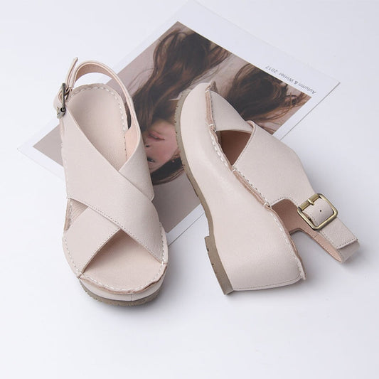 Handmade Leather Strap Open Toe Wedges Sandals