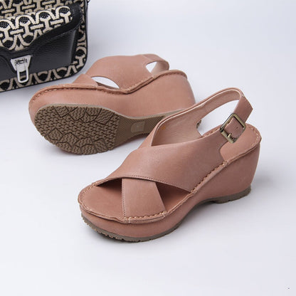 Handmade Leather Strap Open Toe Wedges Sandals