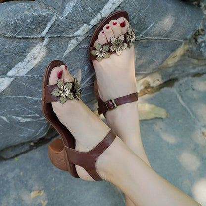 Women Retro Summer Floral Leather Sandals